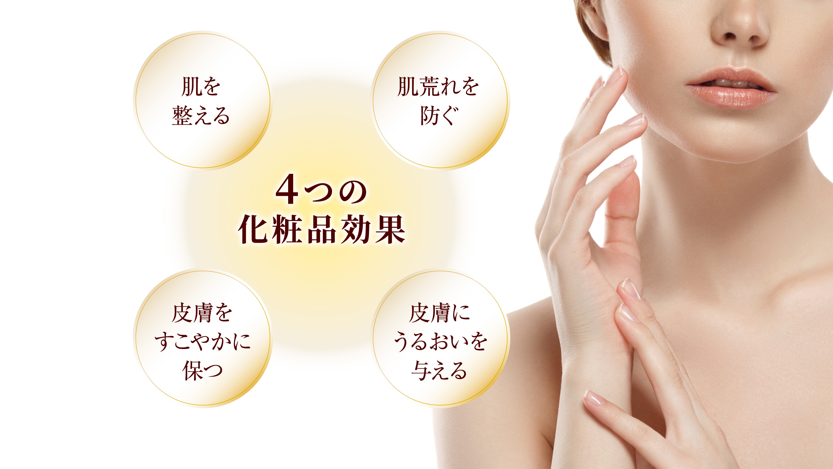 4つの化粧品効果 肌を整える 肌荒れを防ぐ フフをすこやかに保つ 皮膚にうるおいを与える